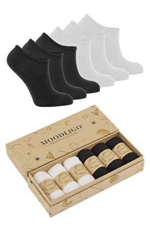 Erkek 6'lı Premium Bambu Bilekte Spor Çorabı / Sneaker Çorap - 3 Siyah 3 Beyaz - Kutulu 
