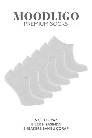 Erkek 6'lı Premium Bambu Bilekte Spor Çorabı / Sneaker Çorap - Beyaz - Kutulu 