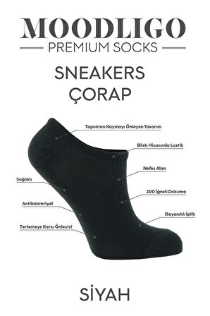 Erkek 6'lı Premium Bambu Bilekte Spor Çorabı / Sneaker Çorap - Siyah - Kutulu 