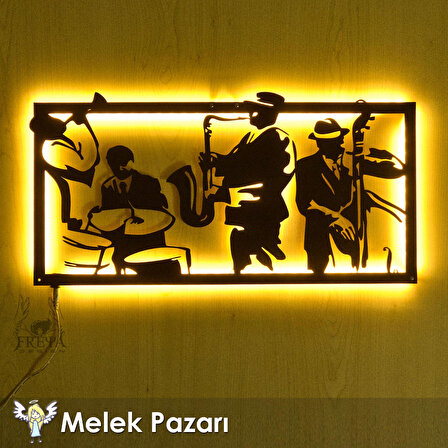 75 x 38 cm Jazz Müzik Grubu Led Işıklı Dekoratif Ahşap Tablo