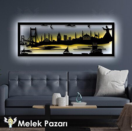90x33cm - İstanbul Manzarası Led Işıklı Dekoratif Ahşap Tablo