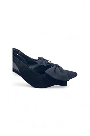 Elan Siyah Arkası Açık Fiyonk Detaylı Kadın Topuklu Ayakkabı