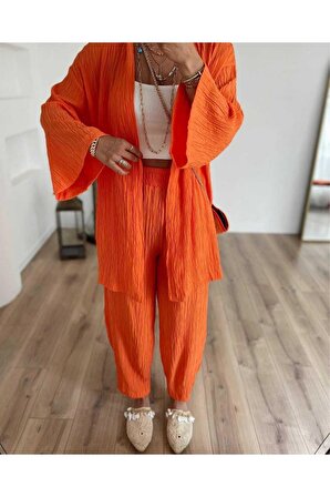 Turuncu Gofre Kimono-pantolon Takım