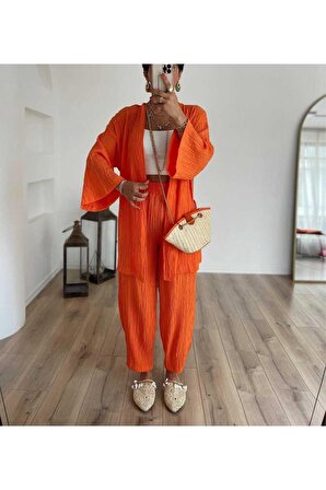 Turuncu Gofre Kimono-pantolon Takım