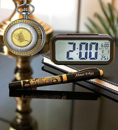 Kişiye Özel Osmanlı Tuğralı Saat ve Kalem Masa Üstü Saat Ofis Hediye Seti