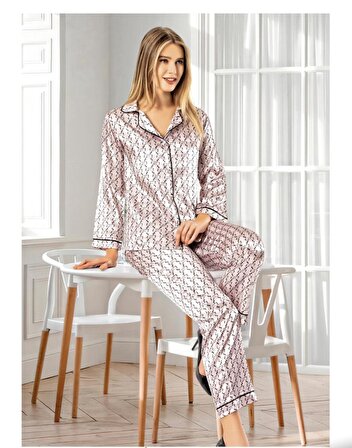 Onden Düğmeli Pijama Saten Pijama Takımı 3011