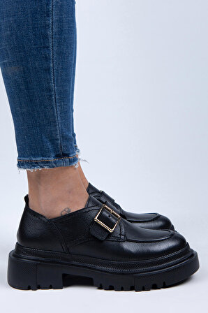 Manijero Gloria Kadın Hakiki Deri Loafer Kemerli Tokalı Siyah Ayakkabı