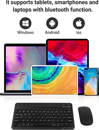 QASUL IPad Xiaomi Samsung Huawei Tablet Laptop Uyumlu Bluetooth Bağlantılı Klavye+Mouse Set