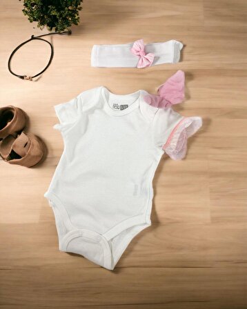 Angel Pink Duo Kız Bebek %100 Pamuklu Beyaz Unisex Body, Bebek Zıbın, Saç Bandanalı Set, Saç Bantlı, Bebek Atleti, Bebek Kıyafeti