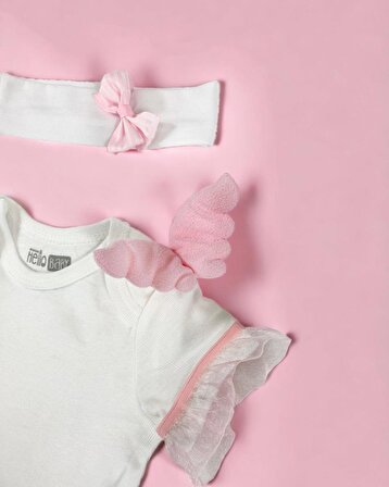 Angel Pink Kız Bebek %100 Pamuklu Beyaz Unisex Body, Bebek Zıbın, Saç Bandanalı Set, Saç Bantlı, Bebek Atleti, Bebek Kıyafeti