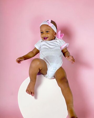 Angel Pink Kız Bebek %100 Pamuklu Beyaz Unisex Body, Bebek Zıbın, Saç Bandanalı Set, Saç Bantlı, Bebek Atleti, Bebek Kıyafeti