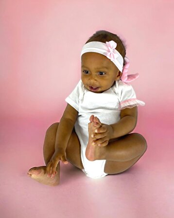 Angel Pink %100 Pamuklu Beyaz Unisex Kız Çocuk Tişörtü, Saç Bandanalı Set, Saç Bantlı, Çıtçıtlı Tişört, Çocuk Atleti, Çocuk Kıyafeti