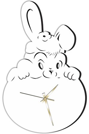 Dekoratif Ahşap Duvar Saatleri , Lazer Duvar Saati , Tavşan Model Saat , Beyaz Renk , 40x40 Cm