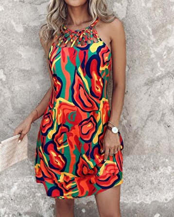 Moda esintileri Kadın Sıfır Kol Yuvarlak Yaka önden çapraz şerit Detay çok Renkli Baskılı Süprem Kısa Elbise