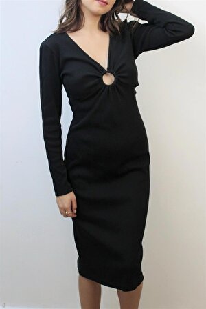 Örme Göğüs Dekolteli Siyah Dar Elbise Tasarım Hediye Büyük Beden Bayramlık