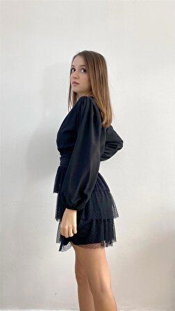 Fırfırlı Siyah Büzgülü Mini Abiye Elbise Tasarım Hediye Büyük Beden Bayramlık