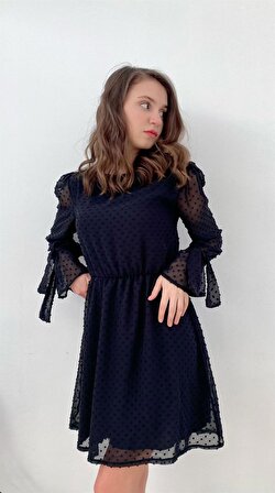 Siyah Volanlı Ponpon Dokulu Abiye Elbise Tasarım Hediye Büyük Beden Bayramlık