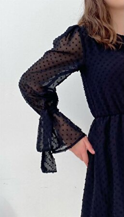 Siyah Volanlı Ponpon Dokulu Abiye Elbise Tasarım Hediye Büyük Beden Bayramlık