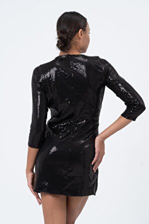 Payetli Kruvaze Mini Siyah Kadın Abiye Elbise Tasarım Hediye Büyük Beden Bayramlık