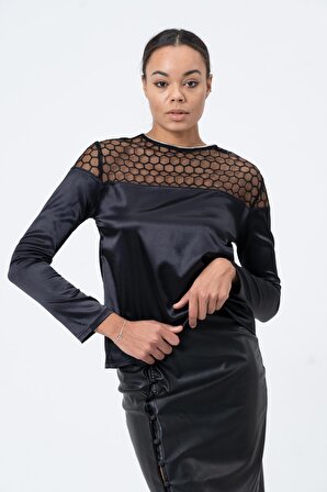 Saten Petek Dantel Detaylı Yakası Simli Siyah Kadın Bluz Tasarım Hediye Büyük Beden Bayramlık