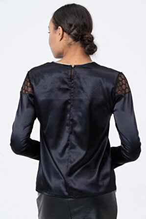 Saten Petek Dantel Detaylı Yakası Simli Siyah Kadın Bluz Tasarım Hediye Büyük Beden Bayramlık