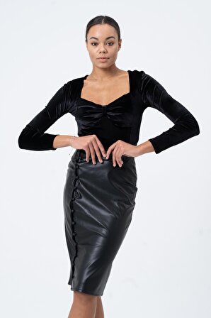Kadife Büzgülü Siyah Uzun Kollu Kadın Bluz Tasarım Hediye Büyük Beden tasarım