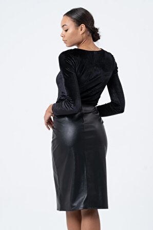 Kadife Büzgülü Siyah Uzun Kollu Kadın Bluz Tasarım Hediye Büyük Beden tasarım