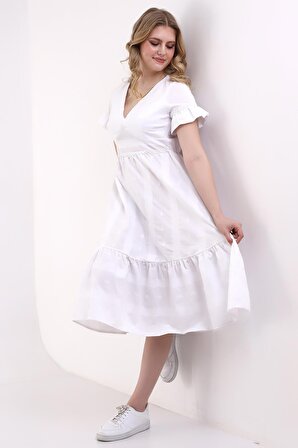 Beyaz Fırfırlı Dantel Detaylı V Yaka Midi Yazlık Abiye Elbise Tasarım Hediye Büyük Beden Bayramlık