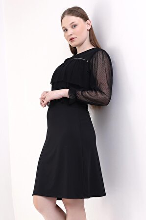 Göğüs Fırfır Tül Detaylı Siyah Midi Abiye Elbise Tasarım Hediye Büyük Beden Bayram