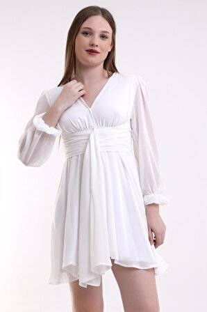 Beyaz Şifon Kuşak Detaylı Mini Abiye Elbise Tasarım Hediye Büyük Beden Bayram
