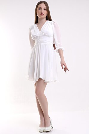 Beyaz Şifon Detaylı Mini Abiye Elbise Tasarım Hediye Büyük Beden Bayram
