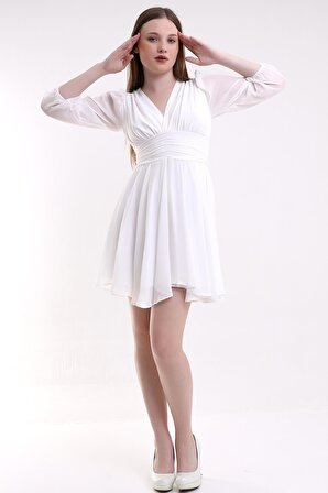 Beyaz Şifon Detaylı Mini Abiye Elbise Tasarım Hediye Büyük Beden Bayram