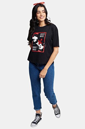 Minnie Unisex Siyah Oversize Baskılı Tişört - Şık ve Rahat