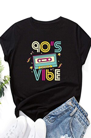 90s Vibes Unisex Siyah Oversize T-Shirt - Özgün Baskı ve Geniş Kesim