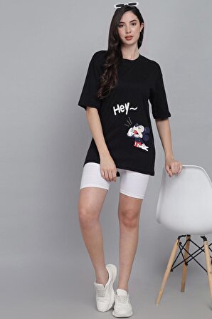 Hey Siyah Oversize Baskılı T-Shirt - Unisex