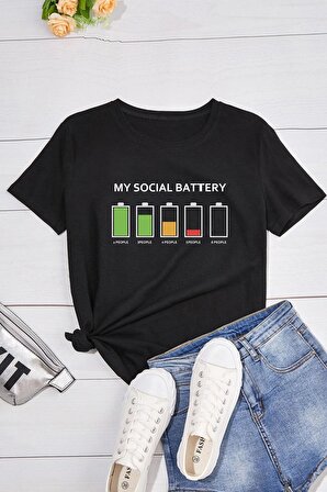 Battery Unisex Siyah Oversize Baskılı Tişört - Şık ve Rahat