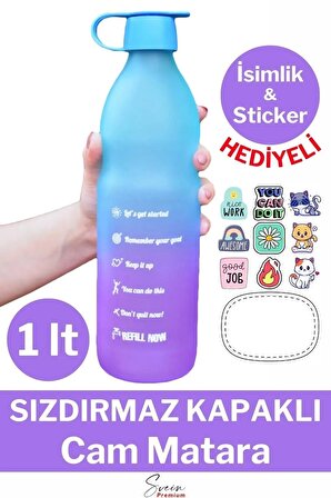 Premium Sızdırmaz Motivasyonel Sporcu Cam Renkli Su Matarası 1 Litre Suluk Tritan Bpa İçermez 1 Adet