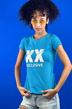 Şeker Pembe Taş İşlemeli X X Exclusive Baskılı Basic T-shirt