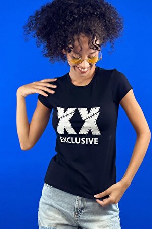 Şeker Pembe Taş İşlemeli X X Exclusive Baskılı Basic T-shirt