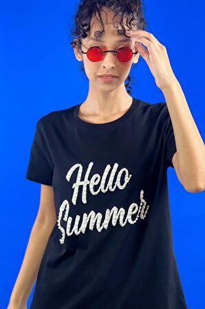 Siyah Taş İnci Aksesuar İşlemeli Hello Summer Baskılı Basic T shirt 100% Cotton
