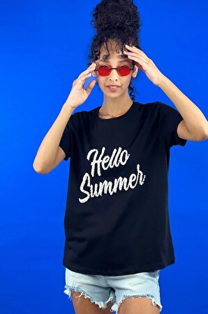 Siyah Taş İnci Aksesuar İşlemeli Hello Summer Baskılı Basic T shirt 100% Cotton