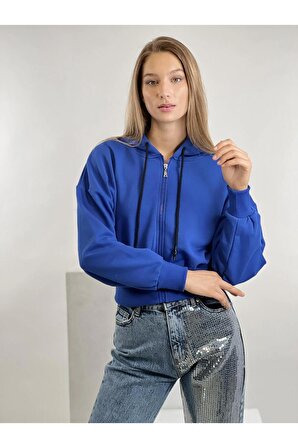 Mavi Önü Fermuarlı Kapüşonlu Kordon Detaylı Basic Örme Sweatshirt