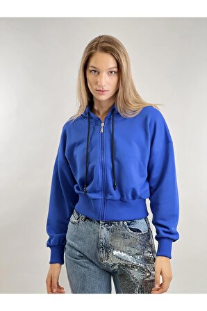 Mavi Önü Fermuarlı Kapüşonlu Kordon Detaylı Basic Örme Sweatshirt
