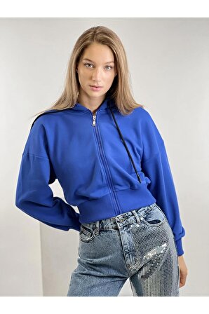 Mavi Önü Fermuarlı Kapüşonlu Kordon Detaylı Basic Örme Sweatshirt