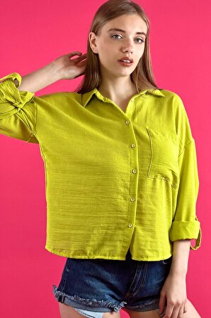 Fıstık Yeşil Klasik Yaka Düğmeli Katlanır Tam Kol Cepli Kadın Yazlık Gömlek