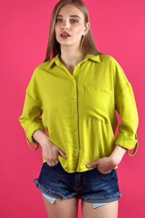 Fıstık Yeşil Klasik Yaka Düğmeli Katlanır Tam Kol Cepli Kadın Yazlık Gömlek