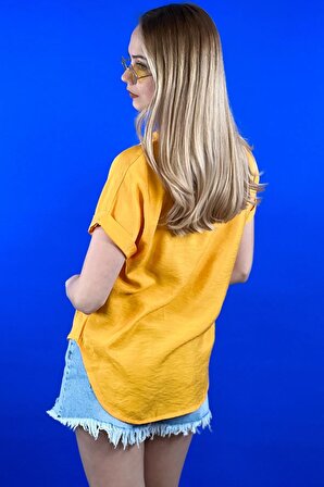 Düğmeli Katlanabilir Kısa Kol Kadın Yazlık Gömlek 85% Viscon 15% Nylon