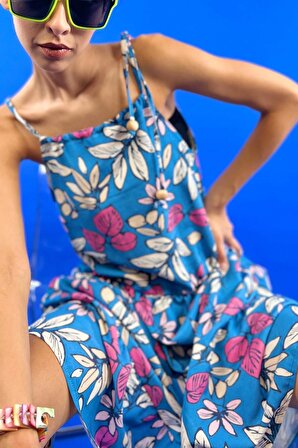 Bej Çiçek Desenli Askılı Sırt Dekolte Bel Pliseli Etek Fırfırlı Yazlık Midi Pileli Elbise