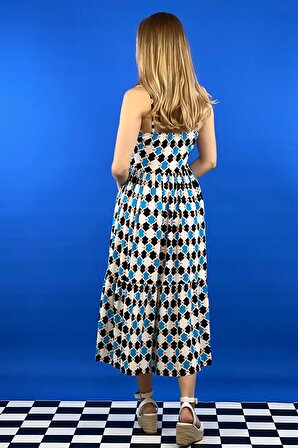 Mavi Desenli Askılı Sırt Dekolte Bel Pliseli Etek Fırfırlı Yazlık Maxi Pileli Elbise 100% Viscone
