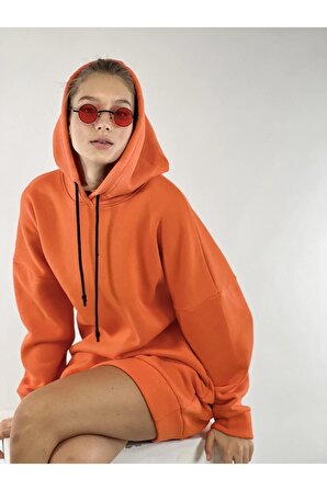 Oranj Kapüşonlu Kordon Detaylı Basic Örme Geniş Kalıp Kadın Sweatshirt